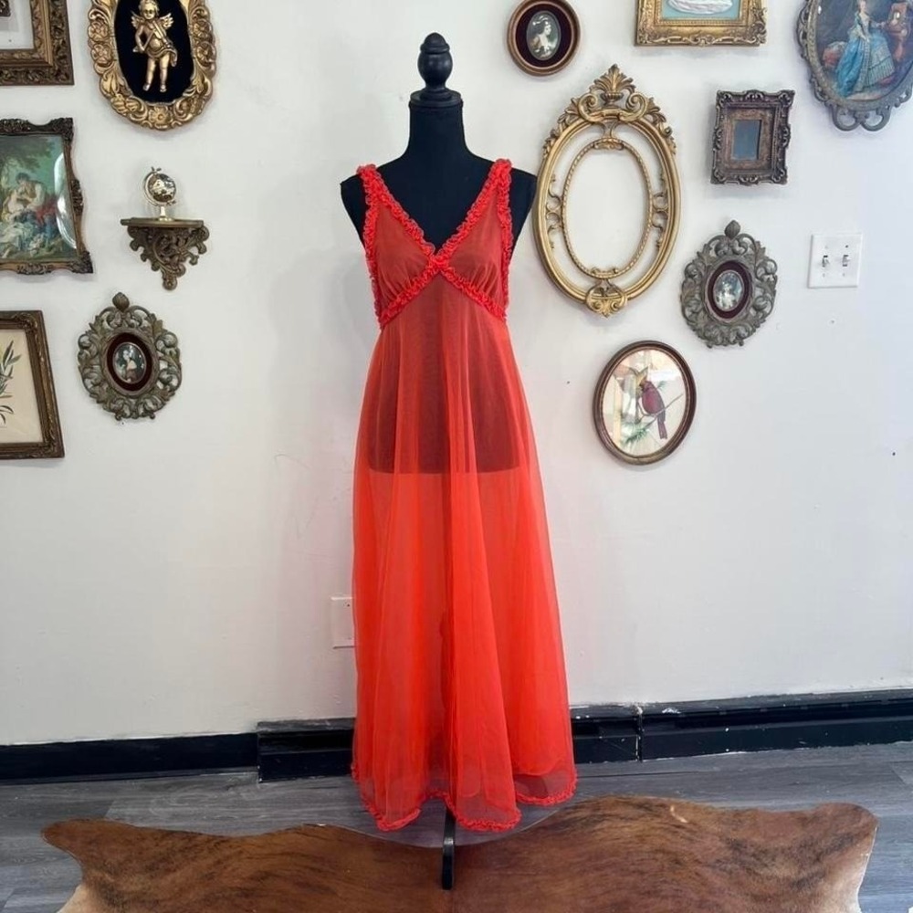 Val Mode Vintage Sheer Ruffle Maxi Dress Size Small Red Nylon